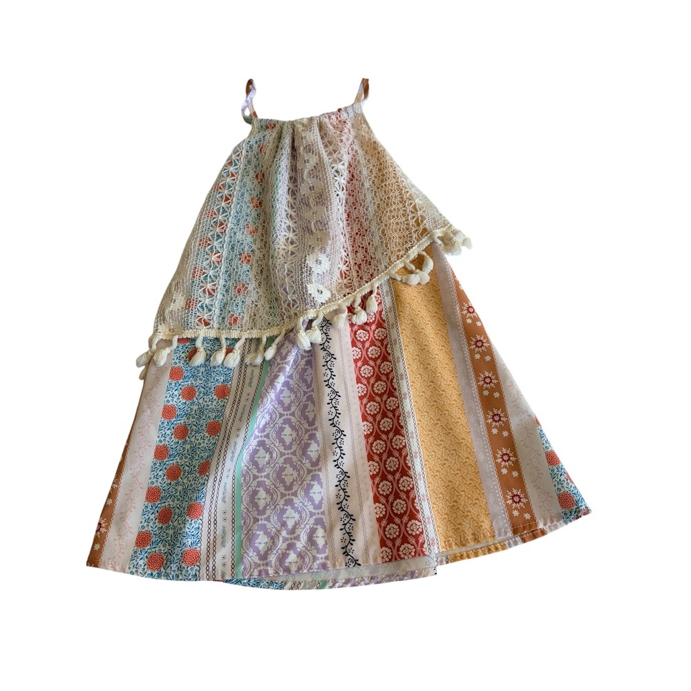 Little Girls Floral Boho Patchwork Lace Tassel Dress Size 4Y
